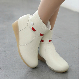 真皮护士棉鞋白色工作鞋坡跟牛筋底冬季工作鞋妈妈鞋保暖短靴棉靴