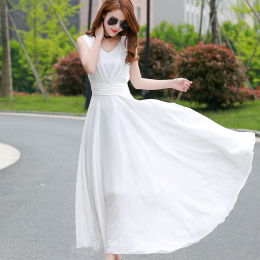 夏季新款韩版收腰裙子无袖白色连衣裙雪纺时尚高腰甜美显瘦连衣裙