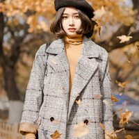 WINTER/2015 vintage风格宽松茧型复古大衣 文艺格子灰色毛呢外套