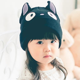 儿童黑色猫咪造型帽宝宝亲子装针织帽秋冬保暖男女童毛线全棉帽子