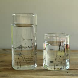 「49包邮」可爱萌绘动物方形玻璃杯子 水杯牛奶杯 家用无色透明
