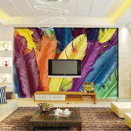 3D五彩羽毛电视墙背景客厅沙发防水无缝墙壁纸加厚PVC抽象浪漫