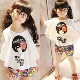 女童套装夏 韩版小孩衣服休闲上衣短袖短裤 女宝宝蝙蝠衫两件套