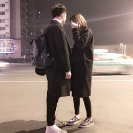 2015冬季新款男女情侣装 韩版宽松BF风黑色加厚中长款毛呢外套潮