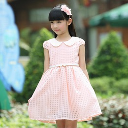 2015夏季新款娃娃领女童 韩版腰带中大童裙子 童装童裙