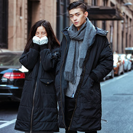 冬季新款男女情侣装 韩版宽松连帽中长款加厚加绒保暖棉衣外套潮
