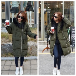 韩国SZ代购女装2015冬季韩版羽绒棉服 中长款军绿色大衣毛领棉衣