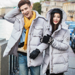 qlz2015秋冬装新款韩版情侣贴标志棉衣男女中长款棉服大口袋外套