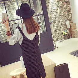 2015夏季韩国竖条纹黑白大领修身背带中长连衣裙女