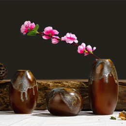 创意粗陶三件套陶瓷花瓶景德镇日式简约花插家居软装饰摆件花器