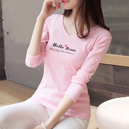 修紧身显瘦长袖t恤女装英文印花粉色体恤简约上衣服韩国秋装新品