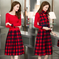 2015秋冬装新款女装韩版格子气质修身中长款长袖针织假两件连衣裙