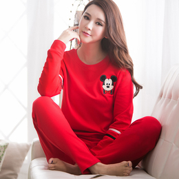 春秋季睡衣女士纯棉质长袖款韩国版红色可外穿休闲运动家居服套装