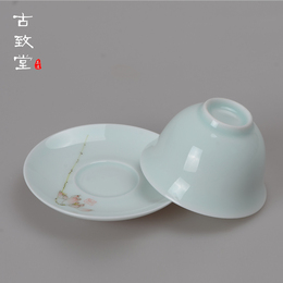 【古致堂】景德镇瓷青釉一杯一碟茶具套组手工手绘荷花鱼茶杯特价