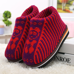 冬季居家防滑地板毛线棉鞋纯手工编织包跟针织保暖厚底棉拖鞋包邮