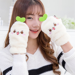 韩版可爱卡通手套学生露指棉手套女冬季加厚加绒保暖半指连指冬天