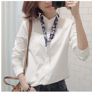 2016春秋新款韩版代购babirolen修身衬衣女半高领领结长袖白衬衫