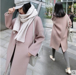 韩国2016秋冬装新款时尚长袖纯色毛呢外套 女装中长款呢子大衣潮