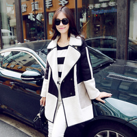 2015冬季韩版女装中长款麂皮绒羊羔毛外套宽松拼接撞色毛呢大衣潮