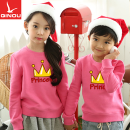 2015冬季韩版童装纯色印花圆领长袖运动服上衣纯棉套头加厚卫衣潮