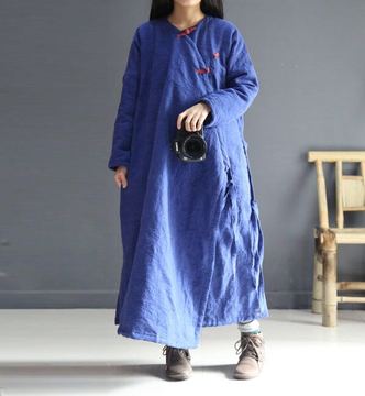 原创例素文艺复古中式改良中国风棉麻长款棉衣亚麻系带撞色厚长袍