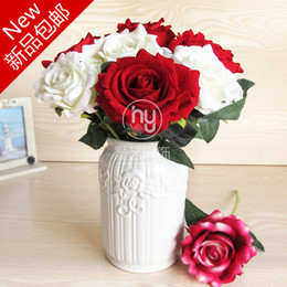 新品包邮 绒布玫瑰花 艺术陶瓷花瓶套装 结婚新房装饰 假花人造花