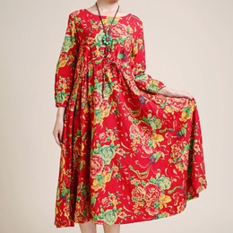 春装新款复古棉麻中国民族风中式文艺被单花长袖款大摆连衣裙女装