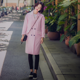 2015秋冬新款 韩版宽松直筒毛呢外套双排扣中长款粉色呢子大衣女