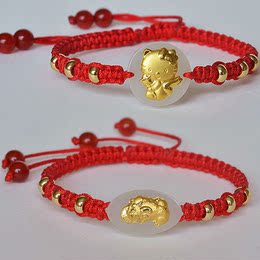 3D硬金黄金和田玉貔貅手链男女款招财猫 转运珠玛瑙手串红绳编织
