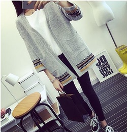 2015秋装新款韩版时尚宽松开衫中长款学院风针织衫长袖毛衣外套女
