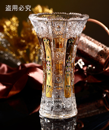 欧式无铅水晶花瓶富贵竹百合插花水培玻璃金色花瓶透明大号摆件