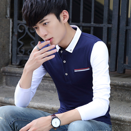 男士长袖T恤秋季薄款青少年学生纯棉翻领POLO衫韩版休闲带领上衣