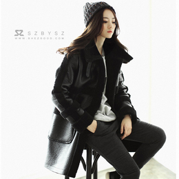 韩国2015羊羔毛外套女 冬黑色韩版鹿皮绒棉衣 中长款加厚保暖大衣