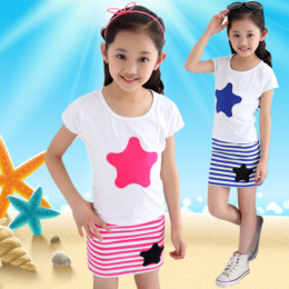 儿童运动套装2015夏季女中童两件套装儿童短袖套装拼色休闲童装