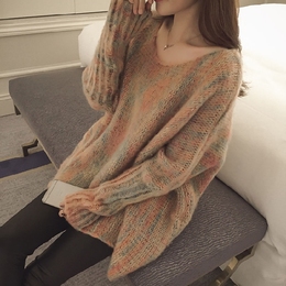 宽松蝙蝠袖彩色花线毛衣2015秋冬装韩国新款显瘦套头毛衣女毛线衫