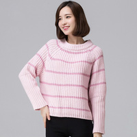 2015秋装新款女装 韩版半高圆领清新短款拼接蝙蝠袖条纹保暖毛衣