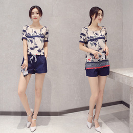 2016夏季新款女士韩版圆领印花T恤系带短裤两件套