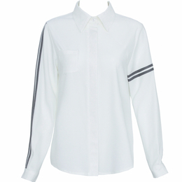 NANOI独家定制 设计运动风三道杠条纹不对称开叉白色衬衫衬衣女式