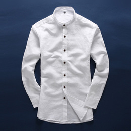 秋季亚麻长袖衬衫男白色小立领韩版修身长袖棉麻衬衫潮男士衬衣