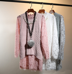 2015秋冬新款毛线蕾丝气质显瘦长袖两件套女中长款毛衣连衣裙女装