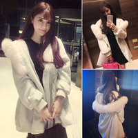2015冬季新款女装韩版中长款连帽单排扣呢子大衣女大毛领毛呢外套