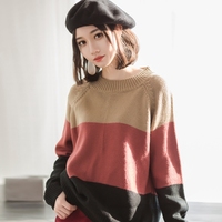 WINTER/2015 奶茶咖啡和浆果三色毛衣 圆领拼接色女款毛衣