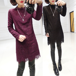 2015冬装新款女装韩版蕾丝钩花加绒加厚纯色蕾丝连衣裙厚打底裙女