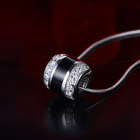 转运珠项链 女式纯银925黑链条水晶磨胶漆镶嵌精工锆石圆轮珠创意