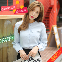 秋季韩国纯色简约单口袋显瘦长袖两穿休闲立领衬衫女大码白衬衣
