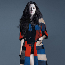 韩版2015秋装新款格子撞色毛呢外套女中长款大码加绒羊毛大衣潮牌