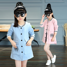 春秋季女童薄款外套中长款纯色上衣单排扣棒球服时尚休闲韩版童装