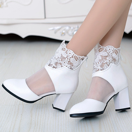 春夏新品女靴白色粉色高跟粗跟短靴透气镂空靴网纱靴蕾丝凉靴婚靴