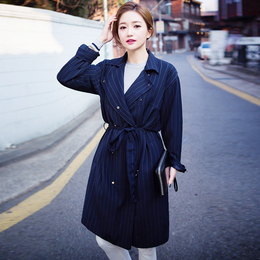 2015最新韩版时尚长款外套大衣秋冬装竖条纹风衣宽松显瘦双排扣