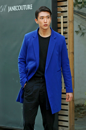 男士外套新款男士羊绒大衣中长款韩版蓝色修身呢子大衣加厚外套潮